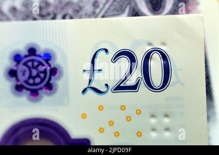 Eine Nahaufnahme von £20 zwanzig Pfund Bargeldrechnung Sterling Polymer Banknote von der Bank von England, die die Königin und J. M. W. Turner, selecti zeigt Stockfoto