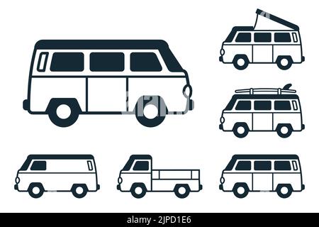 Retro-Reisebus. Surfer-Van. Oldtimer. Alte klassische Camper Minivan. Retro-Hippie-Bus. Vektor-Illustration in flachem Design Icon Kollektion Stock Vektor