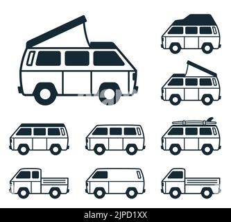 Retro-Reisebus. Surfer-Van. Vintagepickup-Truck. Alte klassische Camper Minivan. Retro-Hippie-Bus. Vektor-Illustration in flachem Design Icon Kollektion Stock Vektor