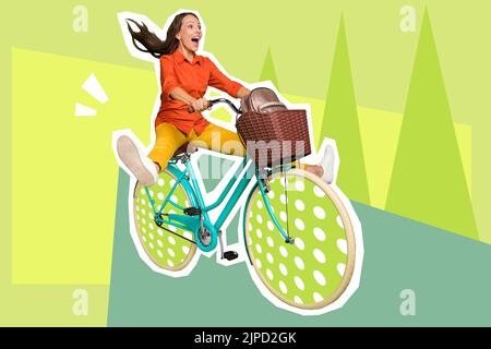 Exklusive Malerei Magazin Skizze Bild von lustigen funky Dame fahren bunte Fahrrad isoliert Malerei Hintergrund Stockfoto