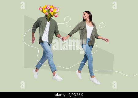 Composite Collage Porträt von zwei glücklichen Menschen halten Arme laufen Tulpen Blumen statt Kopf isoliert auf gemaltem Hintergrund Stockfoto