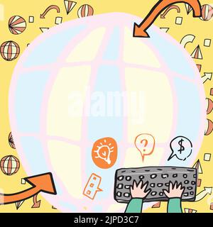 Hände Tippen Tastatur Gegen Den Globus Mit Global Business Tendencies Stock Vektor