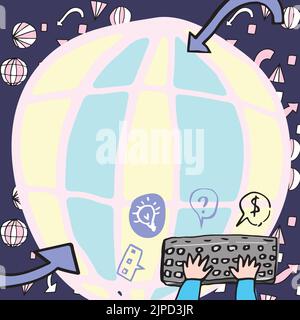 Hände Tippen Tastatur Gegen Den Globus Mit Global Business Tendencies Stock Vektor