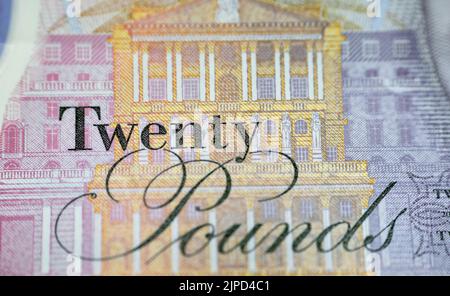 Eine Nahaufnahme von £20 zwanzig Pfund Bargeldrechnung Sterling Polymer Banknote von der Bank von England, die die Königin und J. M. W. Turner, selecti zeigt Stockfoto