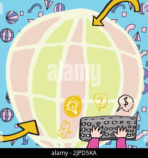 Hände Tippen Tastatur Gegen Den Globus Mit Global Business Tendencies Stock Vektor