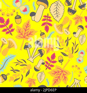 Herbst im Wald, handgezeichnete Doodle-Illustration mit Pilzen, Blättern und Beeren auf gelbem Hintergrund. Stockfoto