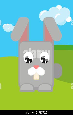 Graues Hase Kaninchen sitzen in bunten Sommertal Domestic Cartoon Tier. Bauernhof themed Vektor-Illustration für Symbol, Stempel, Etikett, Abzeichen, Aufkleber oder Stock Vektor