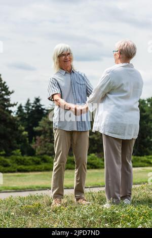 Glücklicher älterer Ehemann und Ehefrau mit grauen Haaren, die die Hände halten und im Sommer auf einem grünen Hügel stehen Stockfoto