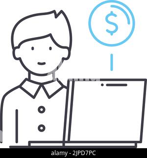 manager mit Laptop-Liniensymbol, Umrisssymbol, Vektordarstellung, Konzeptschild Stock Vektor