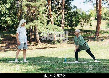 Ein älterer Mann, der seine Frau beim Ausfallschritt auf der Fitnessmatte im Park ansieht Stockfoto