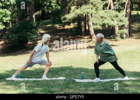 Das ganze ältere Paar mit grauen Haaren lächelt und macht Ausfallschritte auf Fitnessmatten im Park Stockfoto