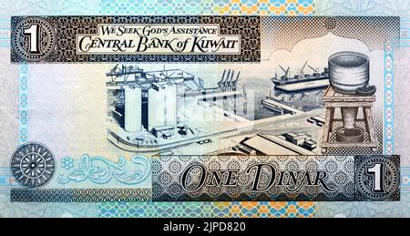 Großes Fragment der Rückseite einer alten 1 KWD-1-kuwaitischen Dinar-Banknote mit einer Vignette von Mina Al-Shuwaikh und einer Vignette einer Tradition Stockfoto