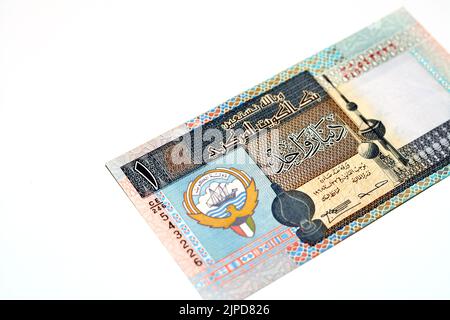 Vorderseite einer alten 1 KWD-Banknote mit einem kuwaitischen Dinar-Geldschein mit Wappen von Kuwait, Vignette einer traditionellen Öllampe und Vignette von Stockfoto