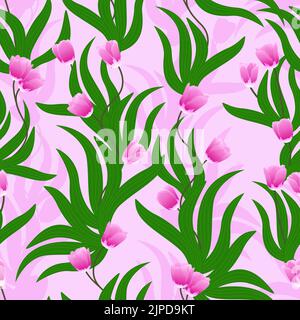 Eine Illustration eines nahtlosen rosa Tulpenmusters vor einem rosa Hintergrund Stock Vektor