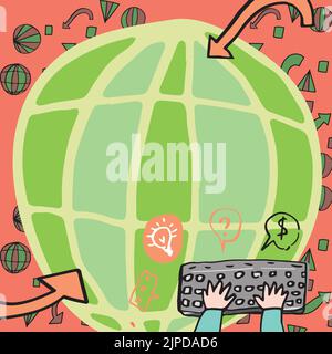Hände Tippen Tastatur Gegen Den Globus Mit Global Business Tendencies Stock Vektor
