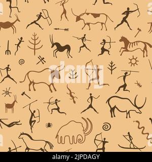 Höhlenmalmuster. Nahtloser Druck von primitiven antiken Zeichnungen von Jagdmännern, prähistorischen Tieren und Mustern. Vektor ornamentale Textur Stock Vektor