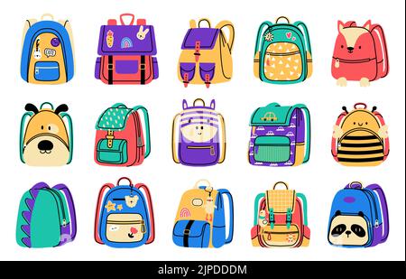 Cartoon-Schultasche. Farbenfroher Rucksack mit Reißverschluss für Schulbedarf und Zubehör, Bildungsausstattung für Schüler. Vector – isolierte Gepäckabholung Stock Vektor