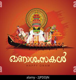 Kerala Festival Happy onam mit kathakali Gesicht, Verwendung für Poster, Flyer, Banner Stock Vektor