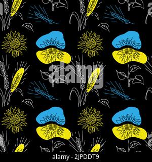 Sonnenblumen und Weizenspikelet Vektor-Muster auf schwarzem Hintergrund. Eine fortlaufende Strichzeichnung. Blaue und gelbe Farben der ukrainischen Flagge Stock Vektor