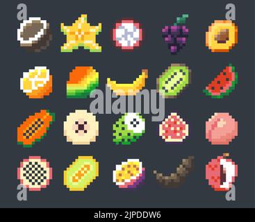 Pixel exotische Früchte. Cartoon stilisierte Frucht-Symbole für 2D Spiel, 8-Bit-Sprite-Grafik-Spiel Asset, Spiel und mobile Anwendungsentwicklung. Vektorset Stock Vektor