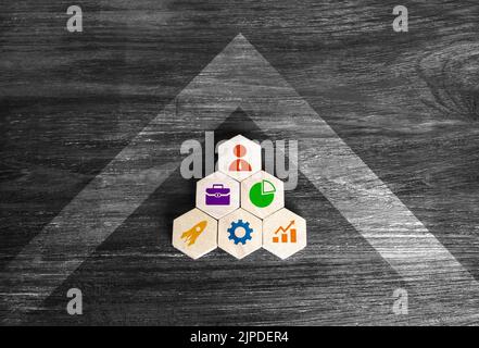 Fortschritte mit einem gut organisierten Geschäft. Level auf. Management und Organisation. Unternehmertum. Günstige Bedingungen für das Unternehmenswachstum und in Stockfoto