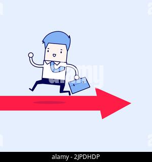 Geschäftsmann läuft gegenüber der Pfeilstraße. Cartoon-Figur dünne Linie Stil Vektor. Stock Vektor