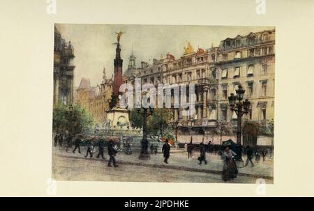 Place de Brouckere, Brüssel aus dem Buch "Brabant und Ostflandern", gemalt von Amédée Forestier, mit Text von George W. T. Omond, HERAUSGEGEBEN VON A. C. BLACK SOHO SQUARE LONDON MCMVII (1907) Stockfoto