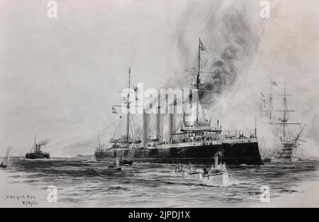 HMS Good Hope von William Lionel Wyllie. HMS Good Hope war eine von vier Panzerkreuzern der Drake-Klasse, die um 1900 für die Royal Navy gebaut wurden; ursprünglich hieß sie Afrika, wurde aber vor ihrem Start umbenannt. 1906 wurde sie zum Flaggschiff der 1. Cruiser Squadron der Atlantischen Flotte und 1908 zum Flaggschiff der 2. Cruiser Squadron. 1913 wurde sie zur Reserve reduziert, Mitte 1914 wurde sie wieder in Betrieb gesetzt. Stockfoto