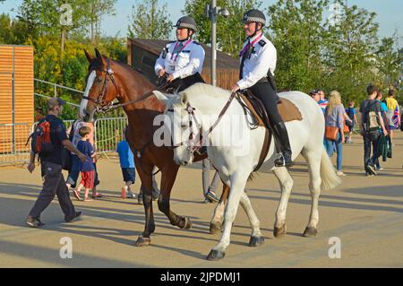 Die Metropolitan Police berittete weibliche und männliche Offiziere der Olympischen Paralympischen Spiele 2012 in London zu Pferd im Queen Elizabeth Olympic Park Stratford, Großbritannien Stockfoto