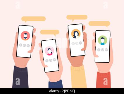 Videokonferenz, Videoanruf an einen Freund, Online-Studium, Geschäftstreffen. Hände halten Mobiltelefon mit Videoanruf-Anwendung. Stock Vektor