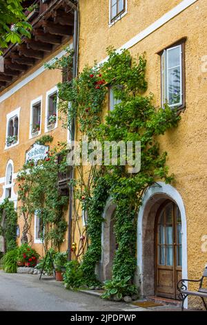 Hallstatt: 11. Juni 2021; Straße im berühmten Hallstätter Bergdorf mit Hallstatter See Stockfoto