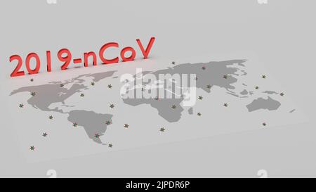 Roter Text „2019-nCoV“ über der Weltkarte, die von Virusmolekülen bedeckt ist. Konzeptkunst der pandemischen Situation des Coronavirus (2019-nvoc, COVID Stockfoto