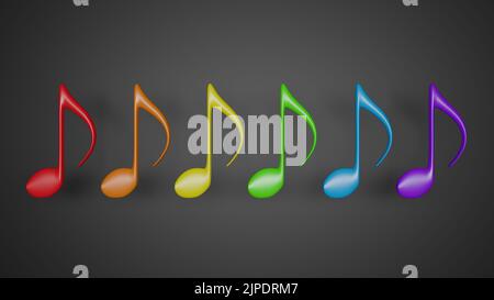 Regenbogenfarbene Musiknotiz auf grauem Hintergrund platziert. Konzept der bunten Dekoration im Zusammenhang mit Musik, Entspannung, Feier oder Party. 3D r Stockfoto