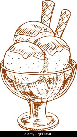 Eisbecher in Schüssel isoliert Skizze. Vector drei cremige Eiskugeln und Waffeleisen Stock Vektor