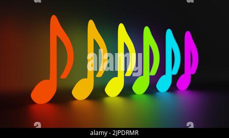 Leuchtende Neon-Noten von Regenbogenfarben auf schwarzem glänzenden Hintergrund platziert. Konzept der Party, Feier. Reflektion auf dem Boden und dem Rückenteil. C Stockfoto