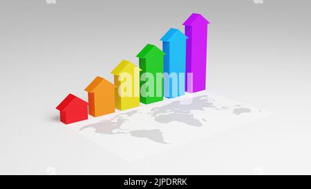 Regenbogenfarbene Pfeile wachsen von null bis oben über der Weltkarte. Konzept des Unternehmenswachstums und des wirtschaftlichen Themas in der Welt. 3D Rendern. Stockfoto