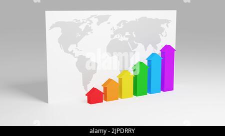 Vor dem weißen Tisch mit Weltkarte wachsen die Pfeile in Regenbogenfarben von Null nach oben. Konzept der wachsenden Weltbusines, wirtschaftliche und finanzielle. Stockfoto