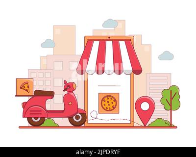 In der Nähe befinden sich ein Pizza-Liefermotorrad und ein Café mit einem roten Standortsymbol Stock Vektor