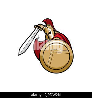 Legendärer sparta-Soldat im roten Mantel, mit Schild und Schwert isoliert römischen oder griechischen Kriegerwappen. Vector sparta Gladiator in Helm mit roten Federn oder Federn, Trojaner Kämpfer mit Waffe, Schwertkämpfer Stock Vektor