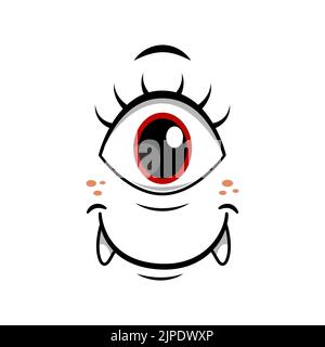 Monster face cartoon vector icon, one eyed creepy smiling creature with toothy mouth. Halloween ghost emotion, alien or spooky emoji isolated on white background Stock Vektor