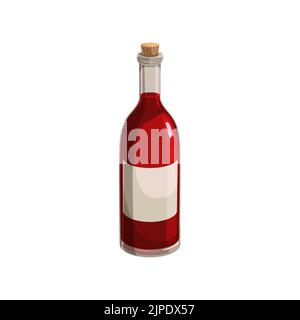 Weinflasche isoliert Vektor-Symbol, Glaskolben mit roter Flüssigkeit, leeres Etikett und Korkholz Spruß auf weißem Hintergrund. Alkohol trinken Cartoon-Element für Design Stock Vektor