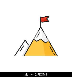 Business-Top, farbiges Umrisssymbol für Karriereziele mit Flagge auf dem Berggipfel. Führungs- und Zielvorgaben, geschäftliche Herausforderungen und Visionen erreichen ein schlankes Vektorsymbol oder Piktogramm Stock Vektor