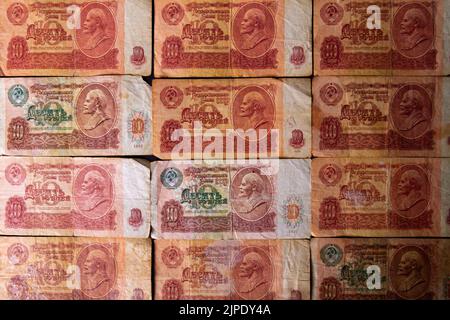 Sowjetisches Geld. Alte Banknoten von Russland. Geldfonds. Treasury Note mit Gold. Lenin über Geld. Zahlung in Rubel. Stockfoto