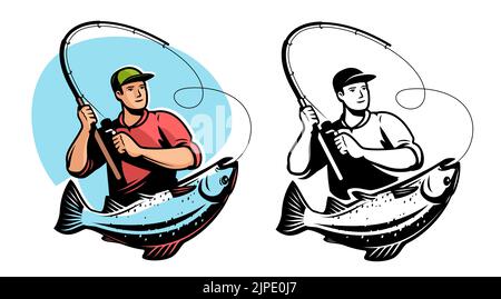 Fischer mit Spinnrute fing große Fische. Angeln Sport Emblem oder Logo. Vektordarstellung isoliert Stock Vektor