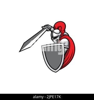 Ritter mit Schwert und Schild bereit, isolierte mittelalterliche Rüstung in rotem Mantel angreifen. Vektor mittelalterliches Krieger Maskottchen in schwerem Kostüm, Helm mit Federn. Edler Ritter, Held in Maske, der im Kampf kämpft Stock Vektor