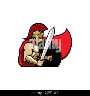 Sparta Centurion Soldat isoliert Mann mit Schild und Schwert, roten Mantel und Helm mit Wolke, Seitenansicht. Vector römischen Legionär, Krieg und militärischen Helden mit Mohawk, griechenland gepanzerten Schwertkämpfer Stock Vektor