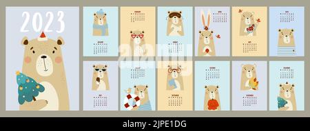 Jährliche monatliche Design-Kalender 2023 mit niedlichen Bären. Set mit 12 Seiten und Deckblatt in englischer Sprache. Vertikale Vektorvorlage. Woche ab Montag. Schreibwaren Stock Vektor
