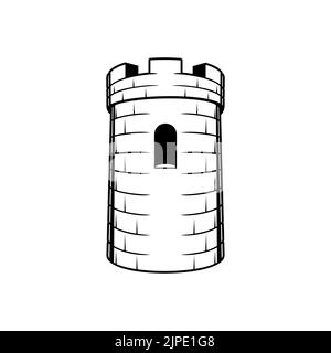 Burg Backstein Turm isoliert Turm Festung mit Rampart Fenster, monochrome Ikone. Vektor königliches Gebäude, mittelalterliche Festung, Schachturm. Runder Bau zum Verteidigungsreich, alte Sicherheitsburg Stock Vektor