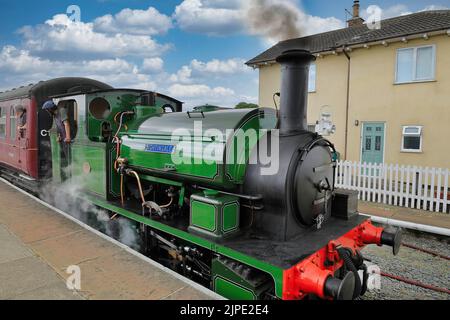 Dampfzug, der von einem Tankmotor am Bahnsteig im Bahnhof von Lincolnshire Wolds Railway, Ludborough, England, Großbritannien, gezogen wird Stockfoto