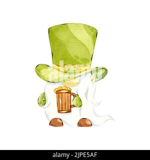 St. Patrick's Day Kobold. Aquarell niedlichen Gnome mit einem Glas Bier. Handgezeichnete Illustration von Kobold isoliert auf weiß. Stockfoto